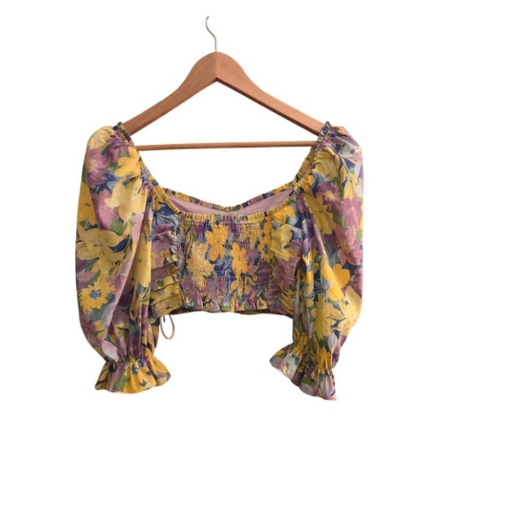 For Love & Lemons Cassia Blue Yellow Purple‎ Floral Print Cropped Top, Sz XS - Picture 5 of 12